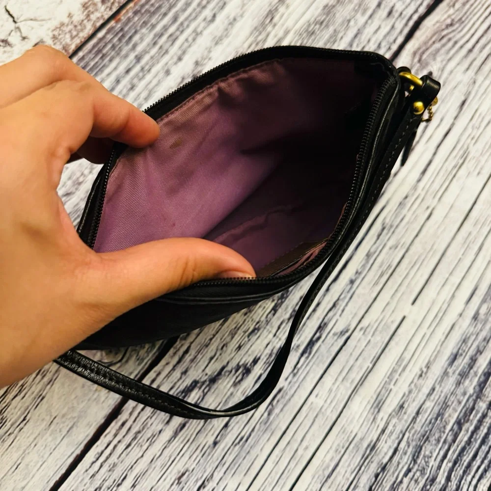 Coach Madison Black Logo Jacquard & Leather Wristlet Mini Bag 41988 Zipper Top - Picture 3 of 5